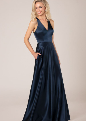 V Neck Navy Blue Satin Bridesmaid Dress